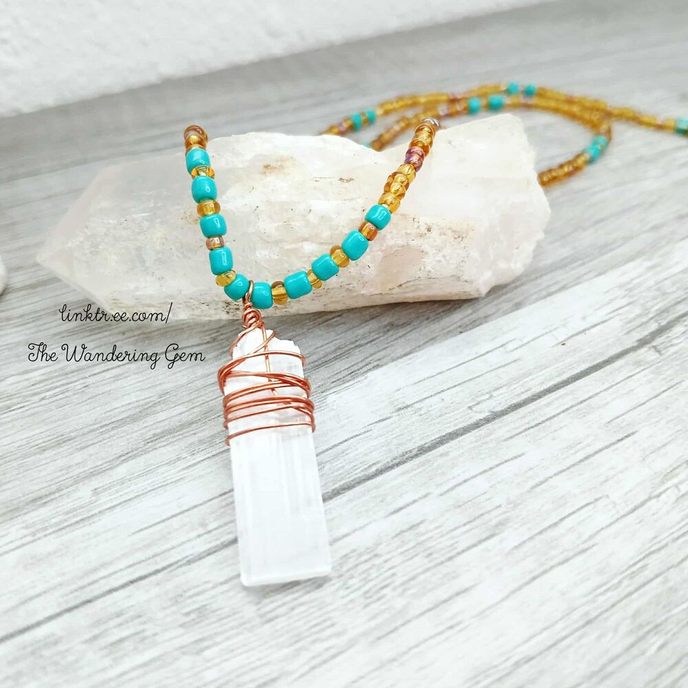 Dainty Selenite Crystal Beaded Choker Necklace, Gemstone Jewelry 14"